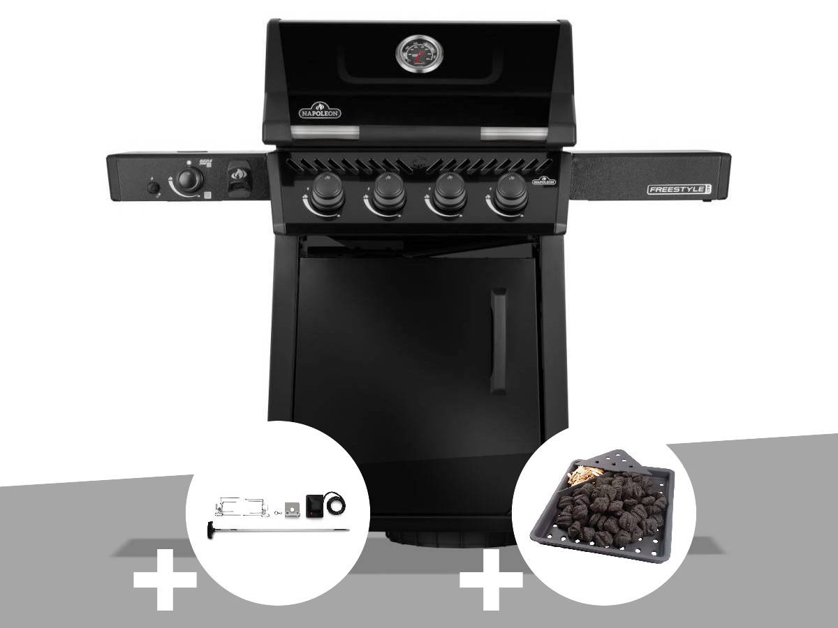 Napoleon - Barbecue gaz Freestyle 425 noir PRO 4 brûleurs + 1 sizzle zone + Rôtissoire + Plateau charbon - Napoléon