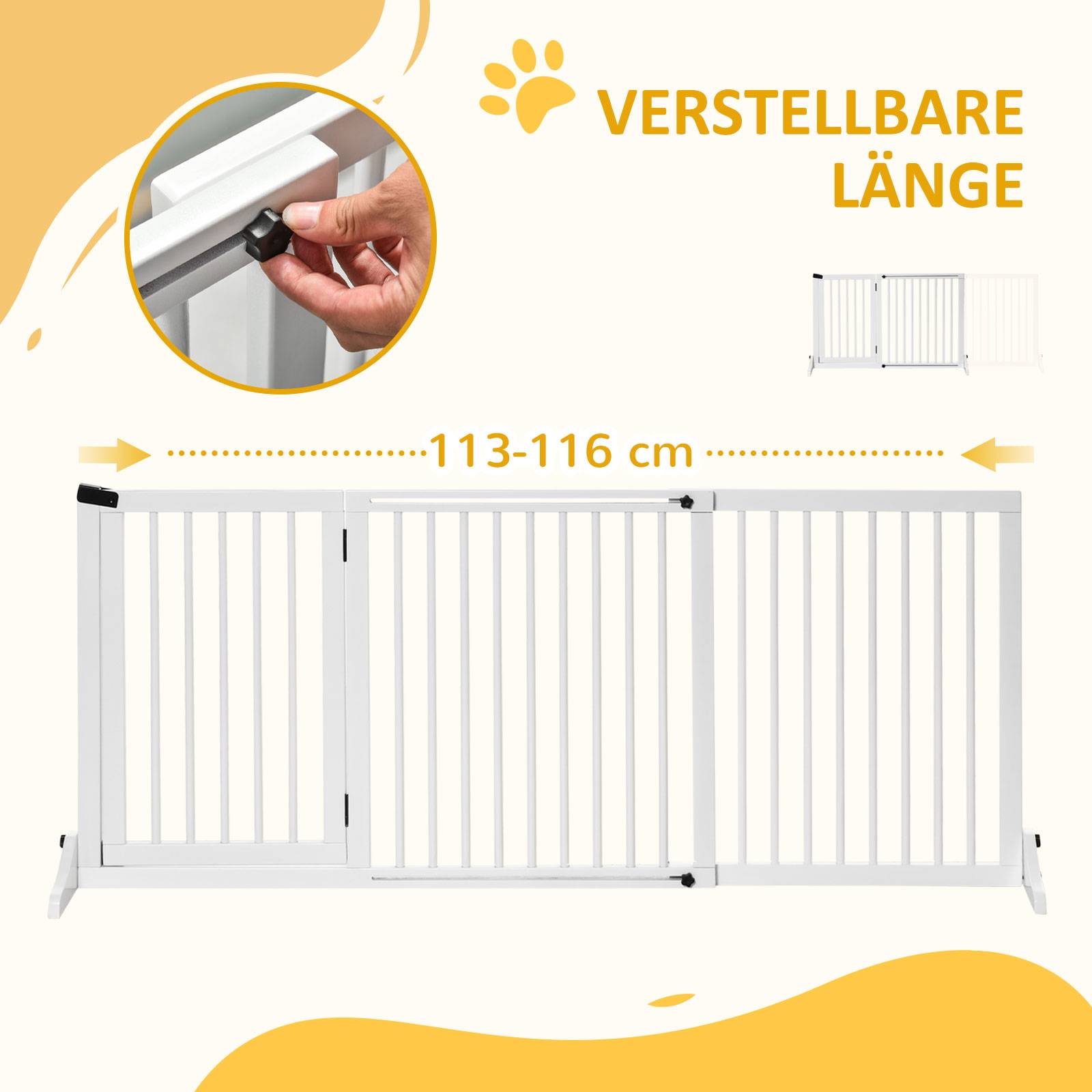 Barrière pour chien autoportante réglable avec pieds 113-166 x 71 cm, bois, escaliers, portes, cuisine, blanc - Image 6