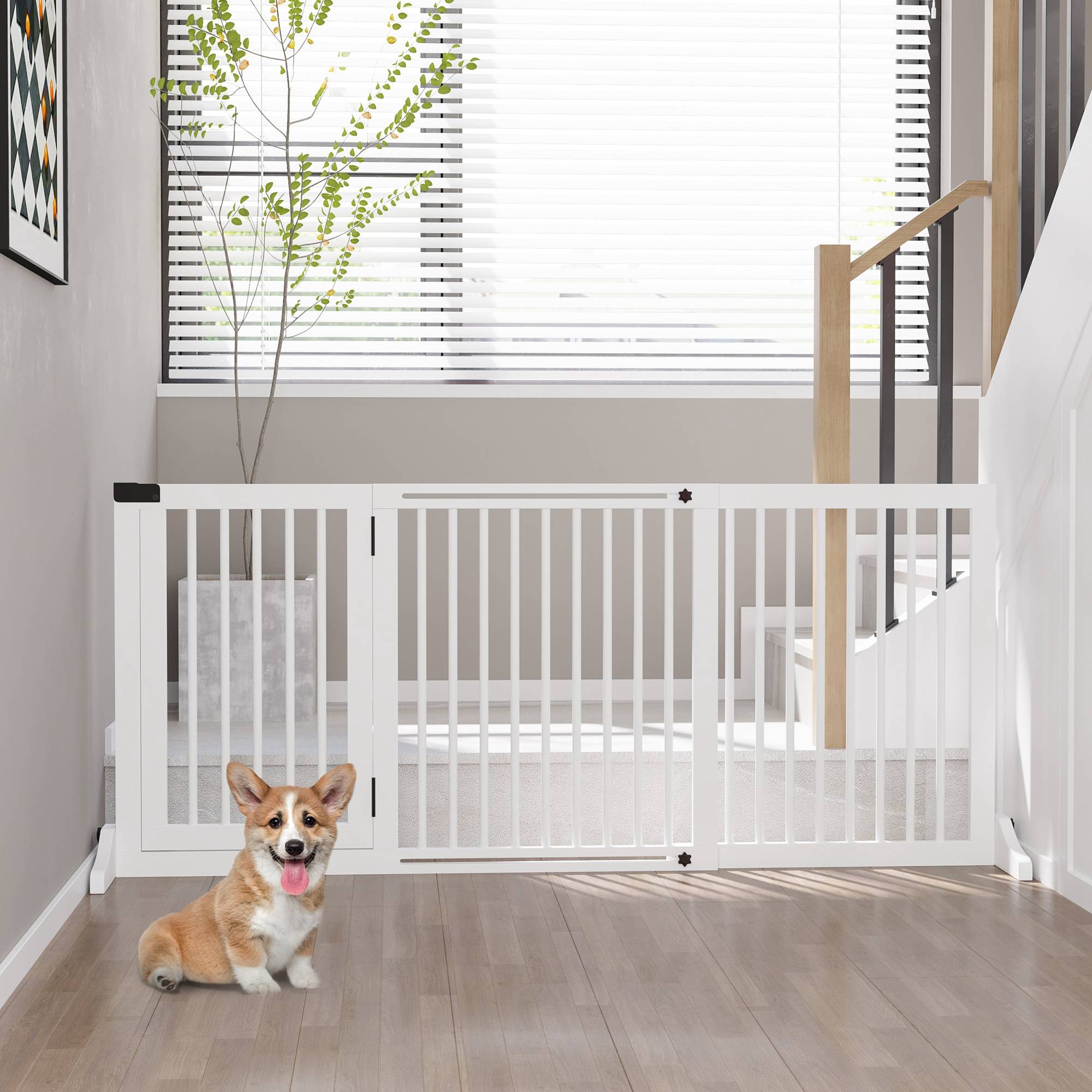 Barrière pour chien autoportante réglable avec pieds 113-166 x 71 cm, bois, escaliers, portes, cuisine, blanc - Image 4