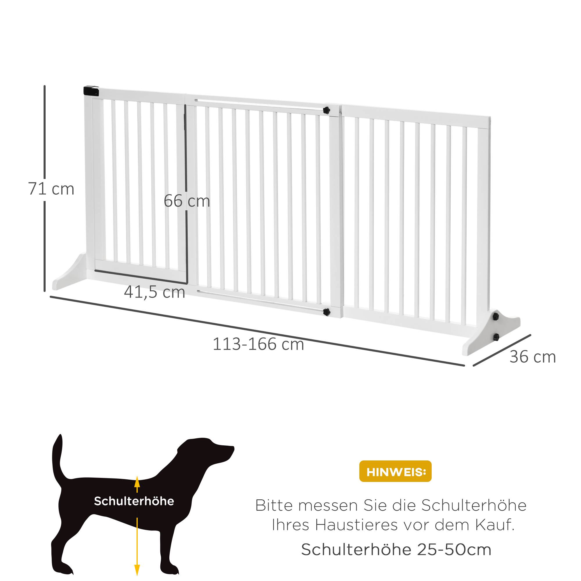 Barrière pour chien autoportante réglable avec pieds 113-166 x 71 cm, bois, escaliers, portes, cuisine, blanc - Image 5