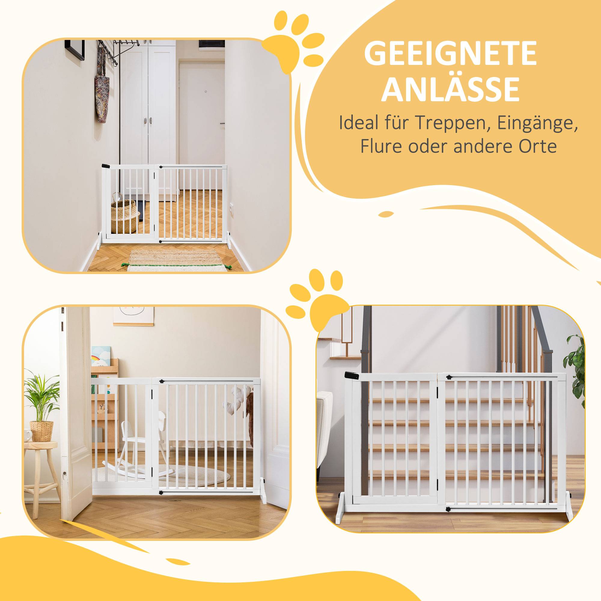 Barrière pour chien autoportante réglable avec pieds 113-166 x 71 cm, bois, escaliers, portes, cuisine, blanc - Image 7