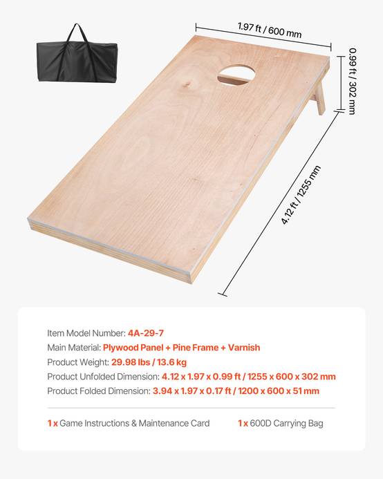 VEVOR Jeu cornhole 125.5x60cm, bois massif, sac transport, intérieur/extérieur, jardin, plage. - Image 7