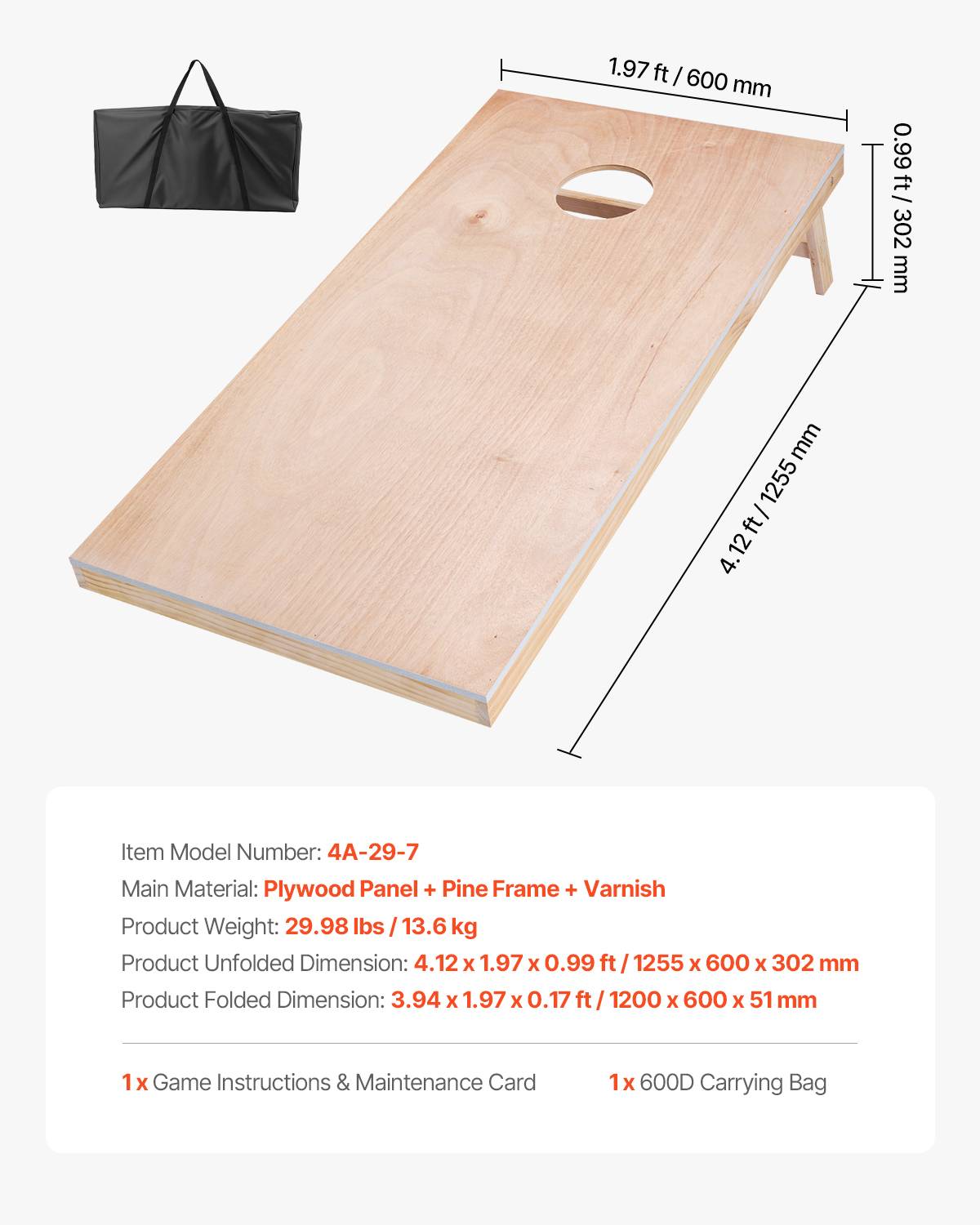 VEVOR Jeu cornhole 125.5x60cm, bois massif, sac transport, intérieur/extérieur, jardin, plage. - Image 7