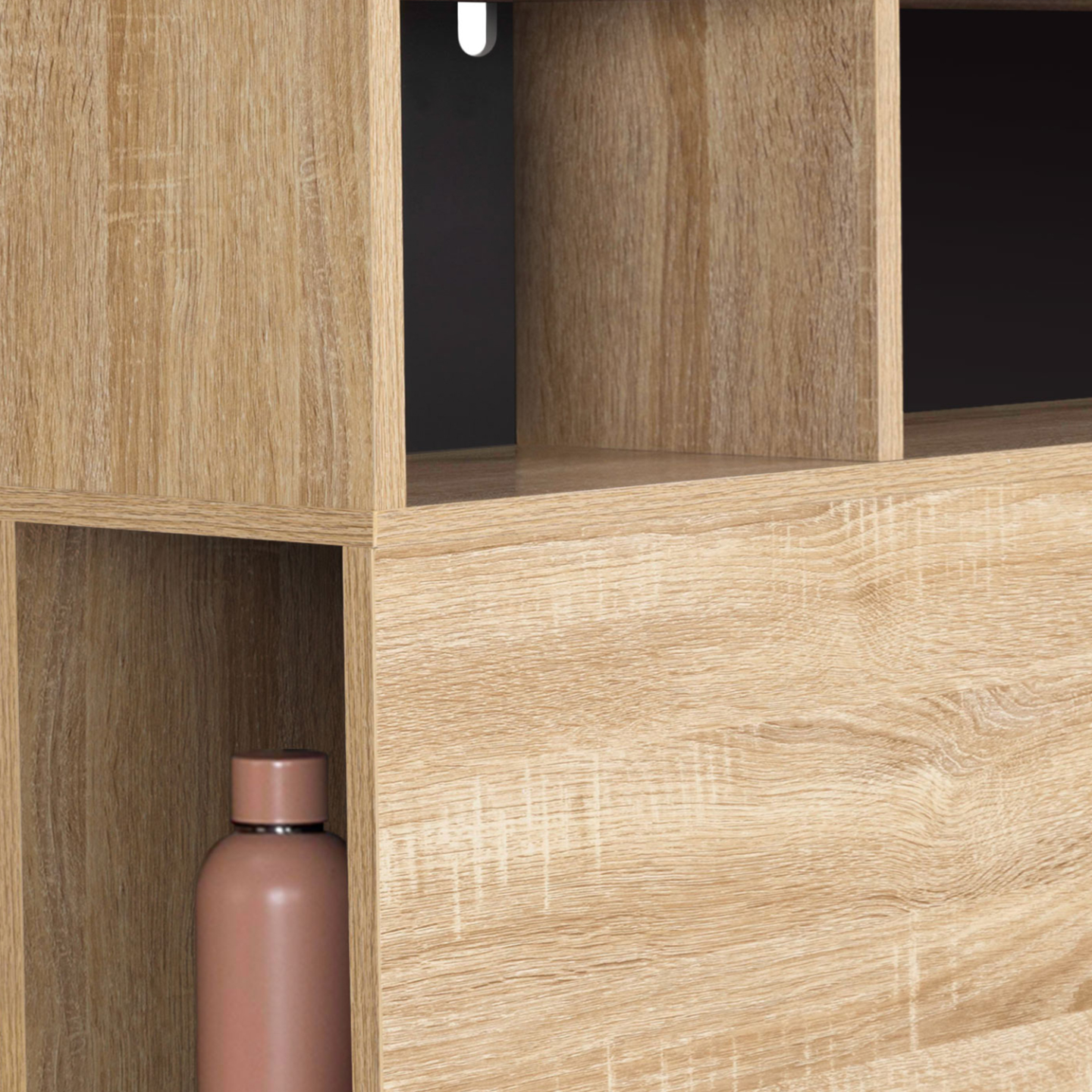 Tête de lit sur pied CLEO 165 cm avec rangements fermés et niches façon hêtre et noir - Image 6