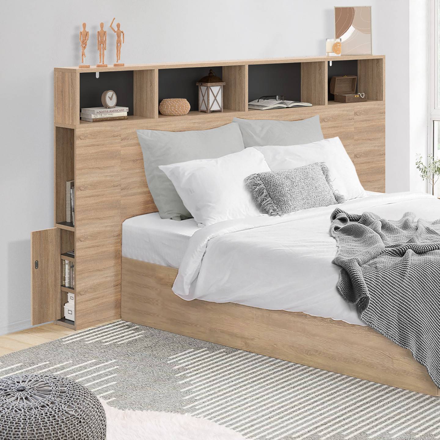 Tête de lit sur pied CLEO 165 cm avec rangements fermés et niches façon hêtre et noir - Image 1
