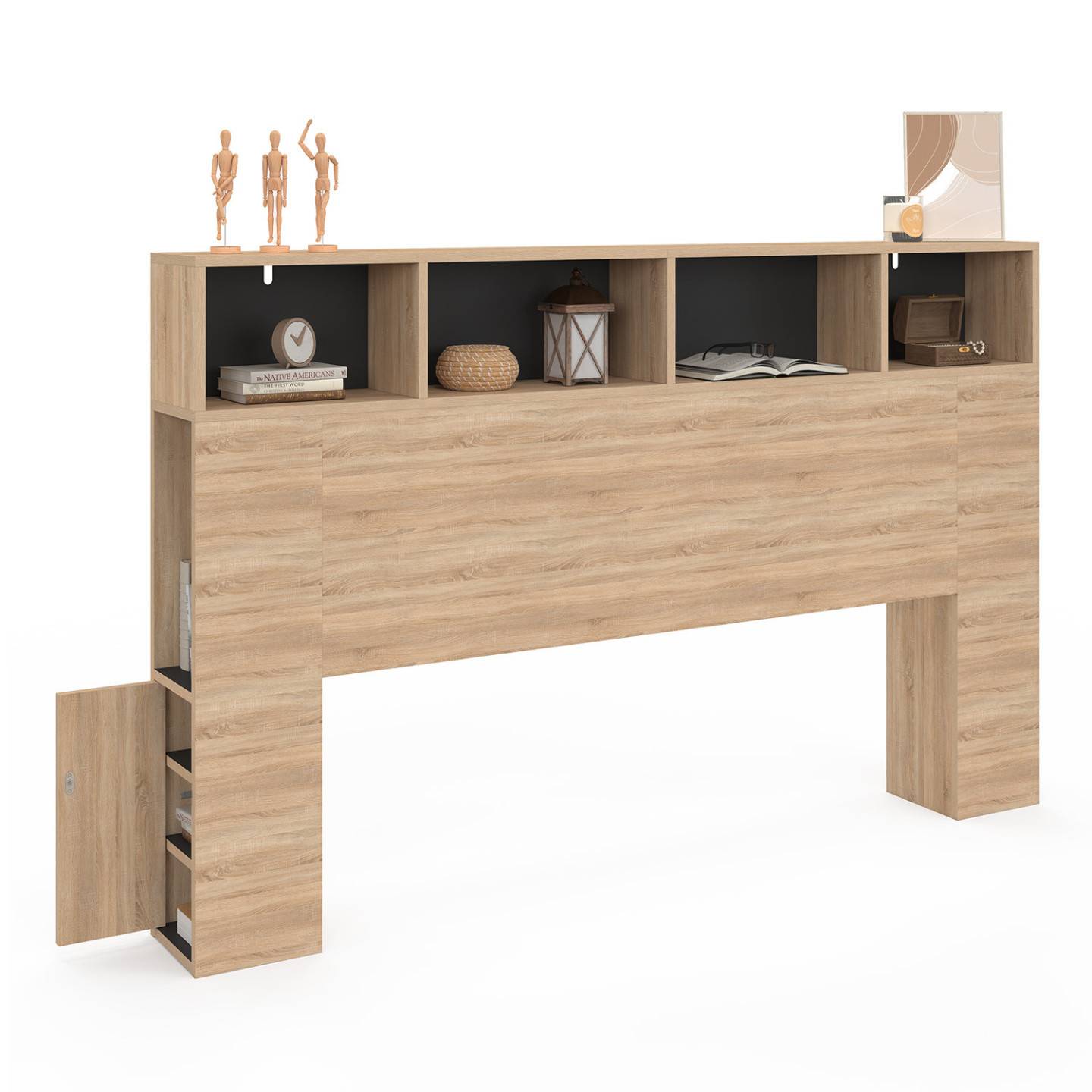 Tête de lit sur pied CLEO 165 cm avec rangements fermés et niches façon hêtre et noir - Image 2