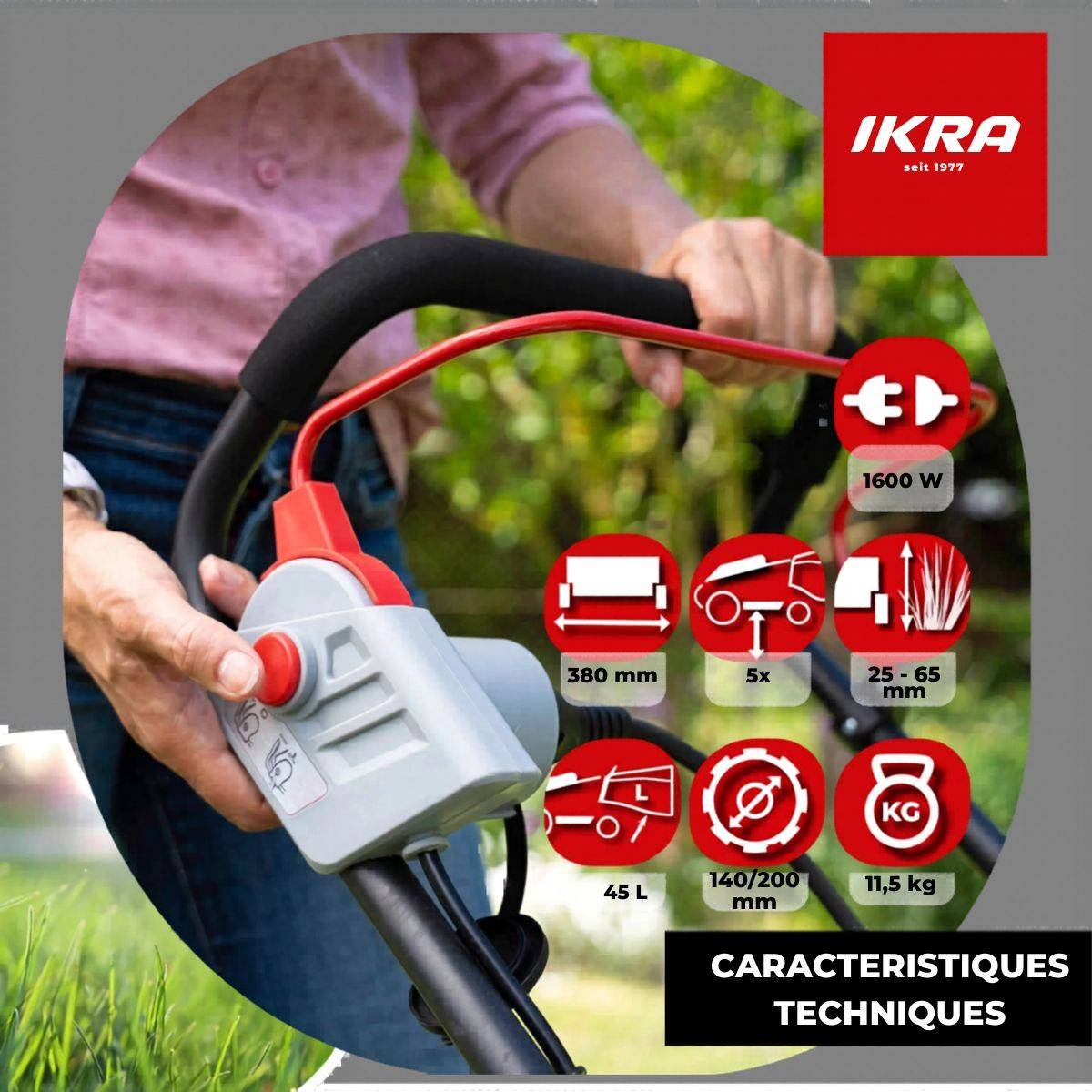 Ikra - Tondeuse électrique 1600W Largeur de coupe 38cm Tonte & Ramassage Pelouse, Tondeuse gazon Bac 45L IKRA - Image 10