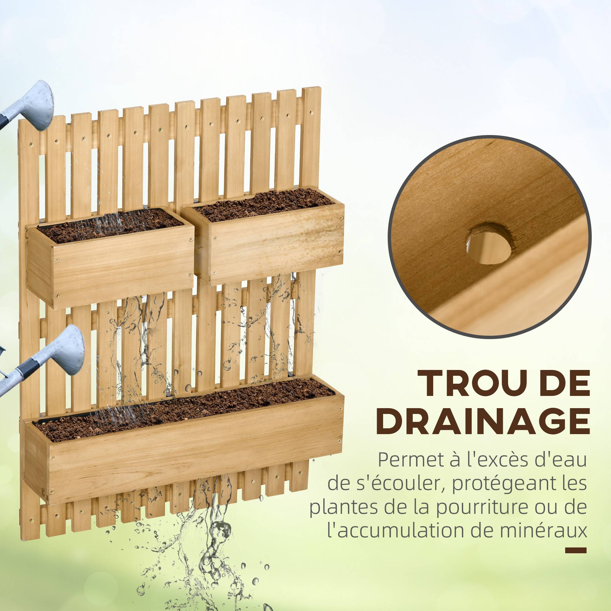 Jardinière murale potager avec 3 bacs en bois massif amovibles 60 x 16 x 80 cm - Image 9