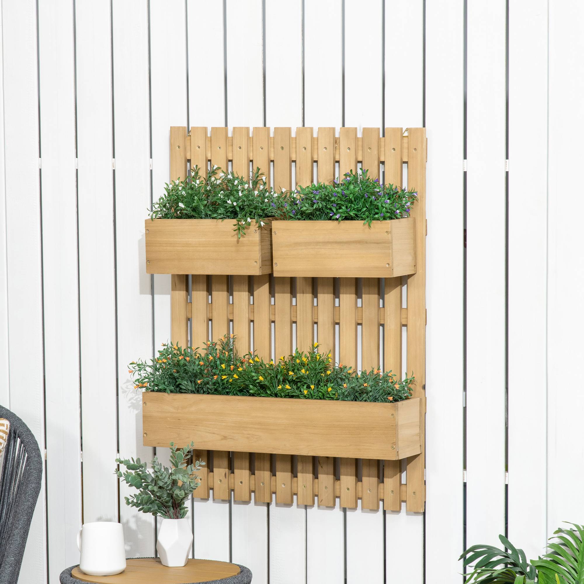 Jardinière murale potager avec 3 bacs en bois massif amovibles 60 x 16 x 80 cm - Image 4