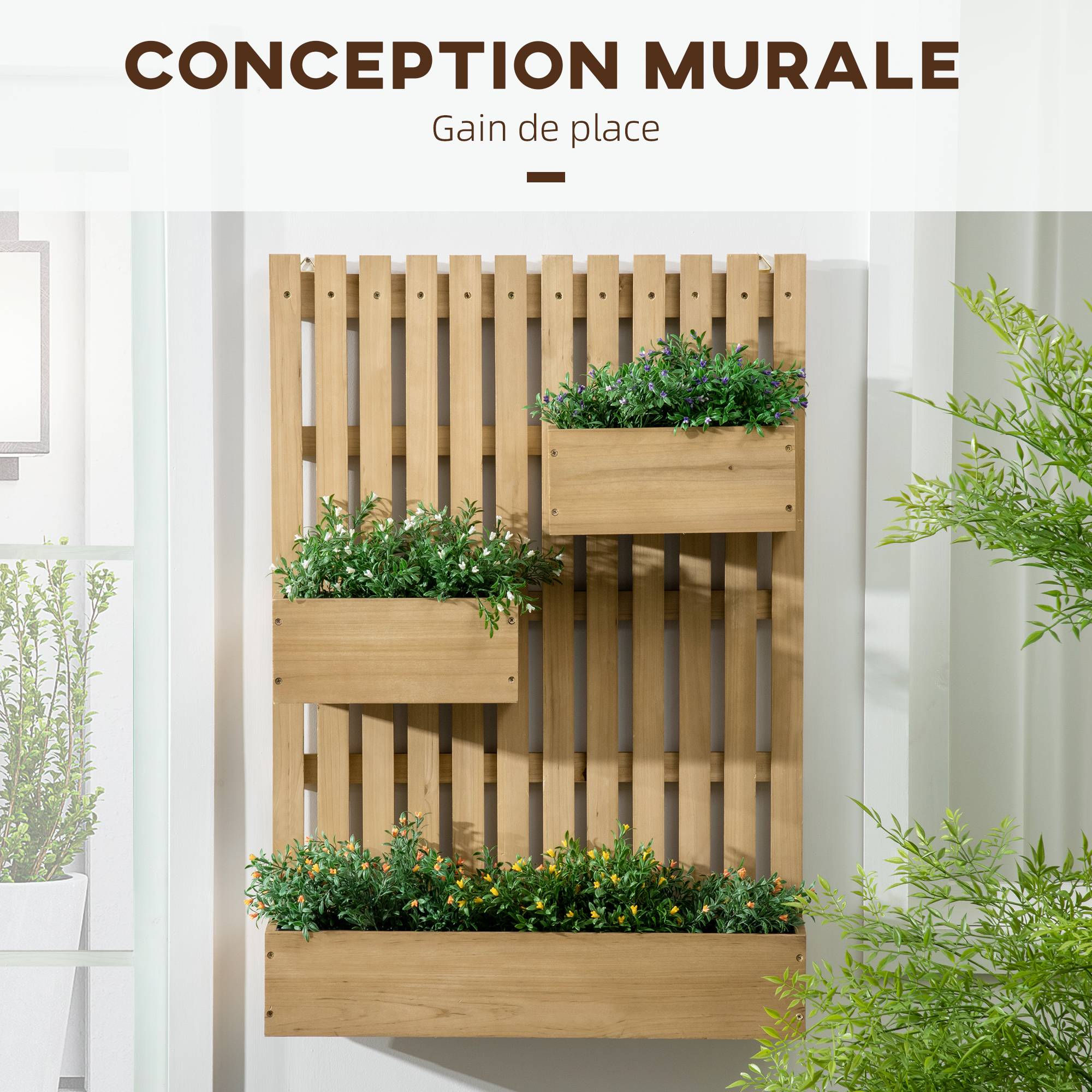 Jardinière murale potager avec 3 bacs en bois massif amovibles 60 x 16 x 80 cm - Image 6
