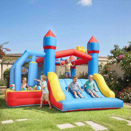 Château gonflable 5 en 1 avec souffleur, parc aquatique structure gonflable, toboggans, trampoline, multicolore - Image 3