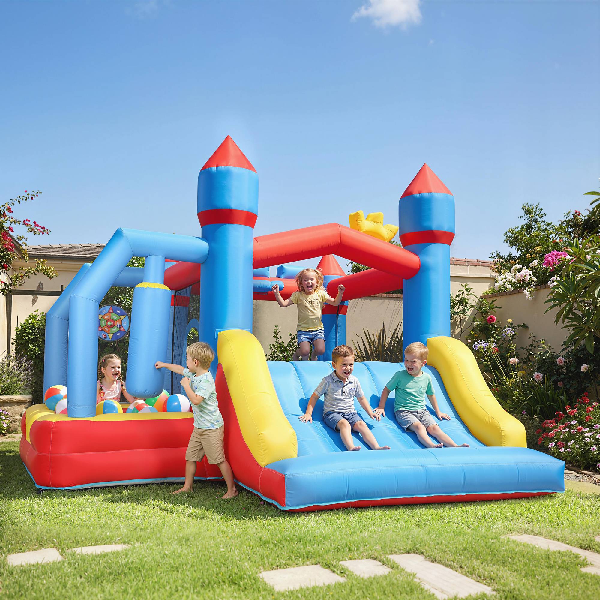 Château gonflable 5 en 1 avec souffleur, parc aquatique structure gonflable, toboggans, trampoline, multicolore - Image 3