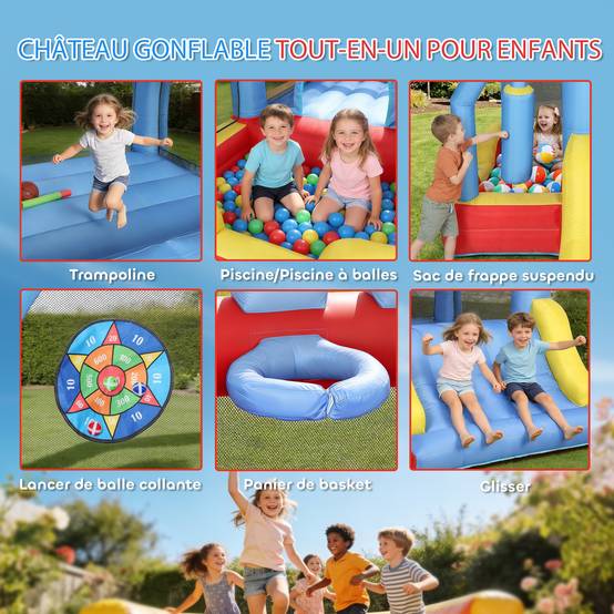 Château gonflable 5 en 1 avec souffleur, parc aquatique structure gonflable, toboggans, trampoline, multicolore - Image 6