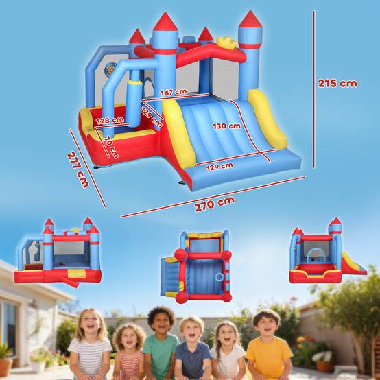 Château gonflable 5 en 1 avec souffleur, parc aquatique structure gonflable, toboggans, trampoline, multicolore - Image 5