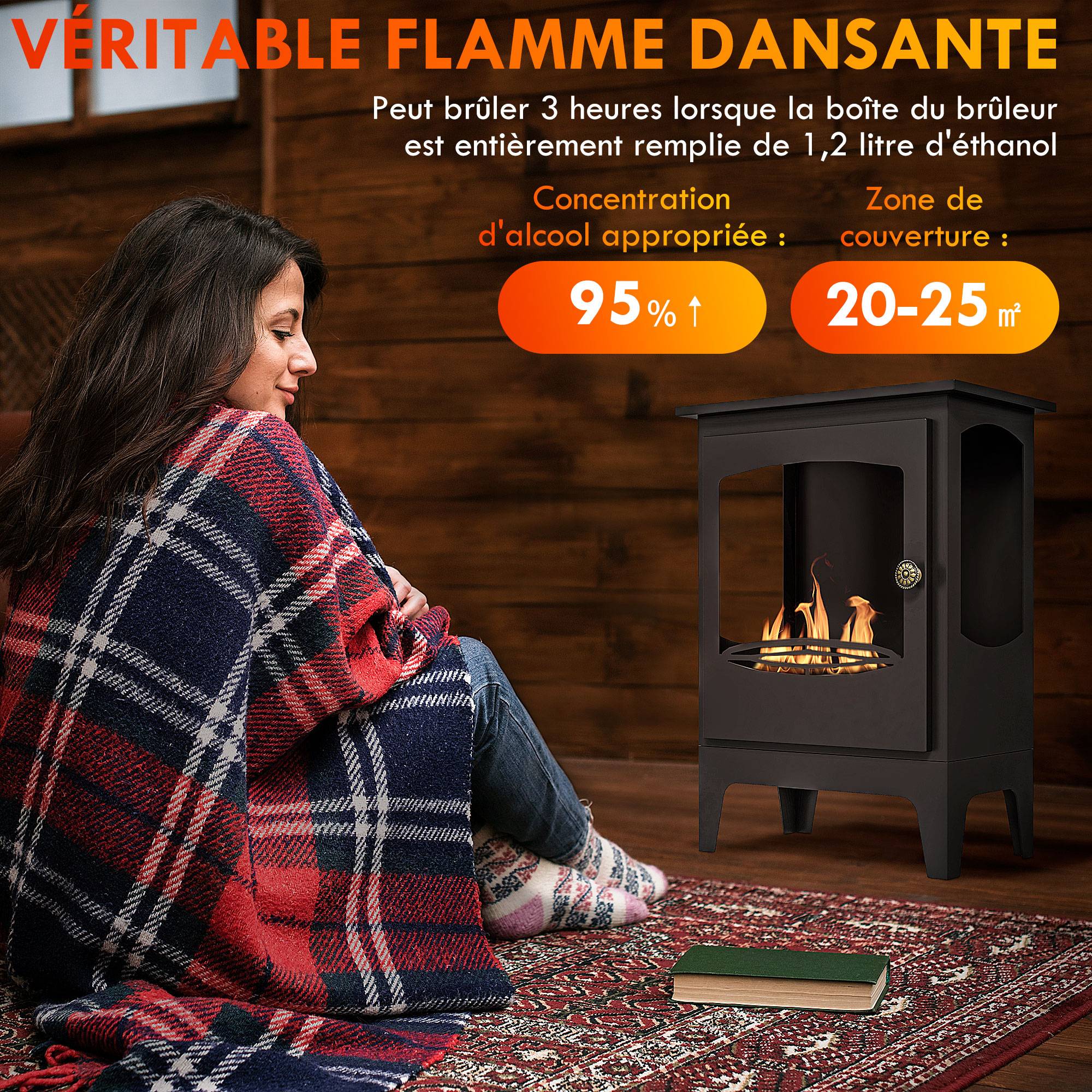Cheminée à l'éthanol sur pieds style contemporain avec réservoir 1,2Lenviron couverture 25 m² 39 x 26 x 54 cm noir - Image 6
