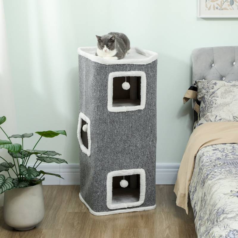 Tour à Chat Tonneau 4 Niveaux 3 Cachettes Griffoir Jeu Gris 100cm - ComfortXL Outdoor Living - Image 1