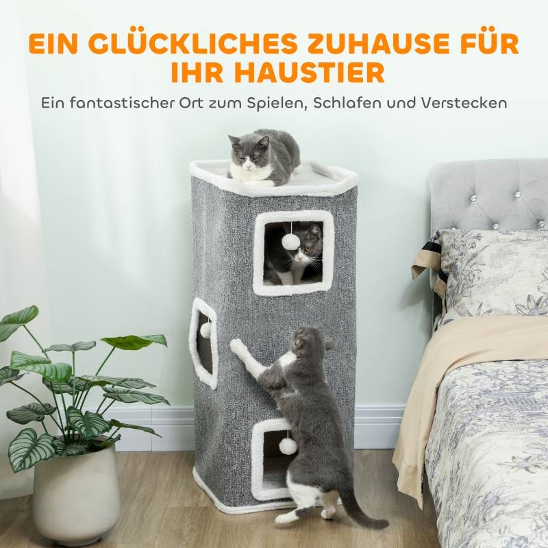 Tour à Chat Tonneau 4 Niveaux 3 Cachettes Griffoir Jeu Gris 100cm - ComfortXL Outdoor Living - Image 4