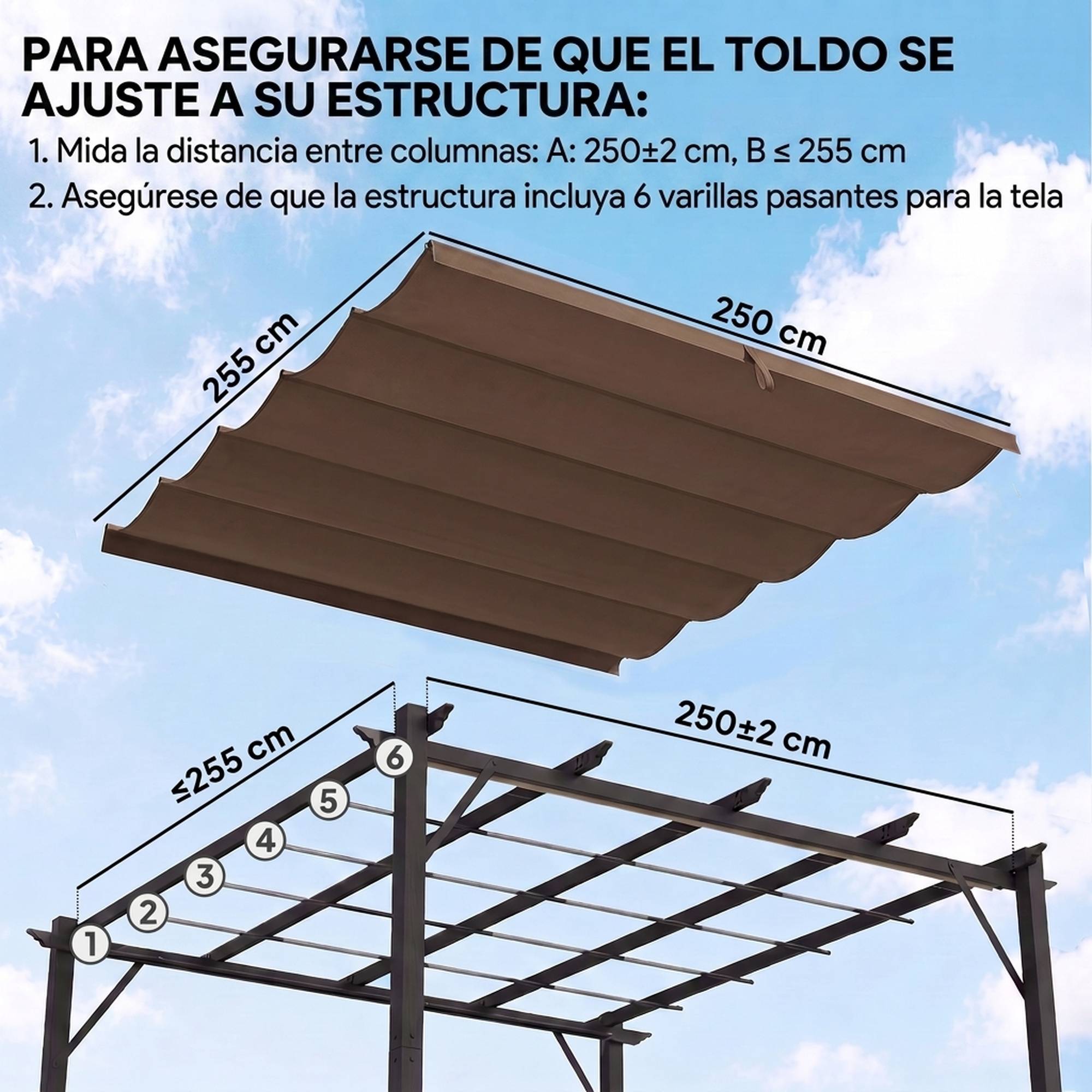 Toile de remplacement rétractable 2,5 x 2,55 m pour pergola 3 x 3 m, avec 10 trous de drainage, couleur café. - Image 6