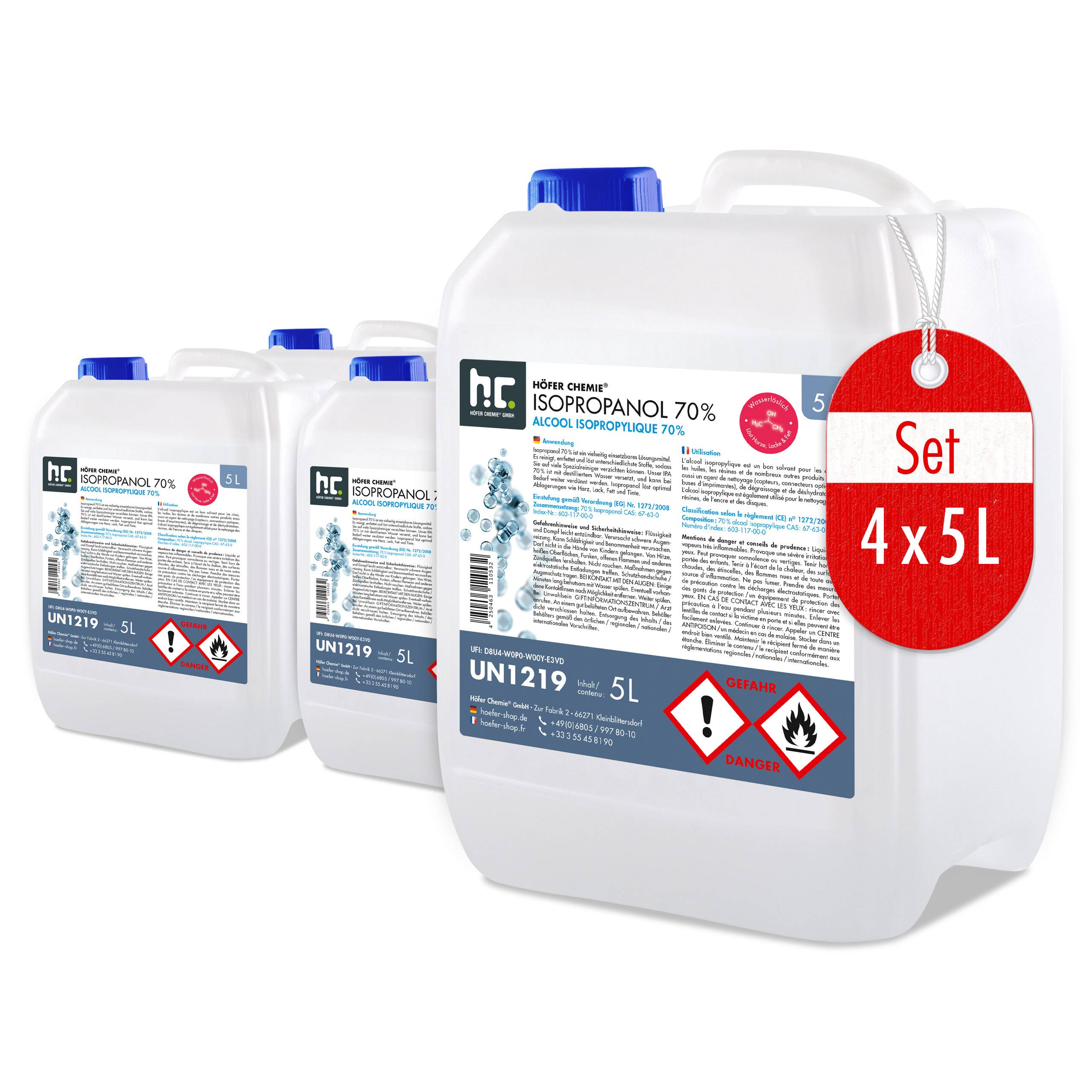 Alcool isopropylique 70% Höfer Chemie® en bidon de 5 L x 4