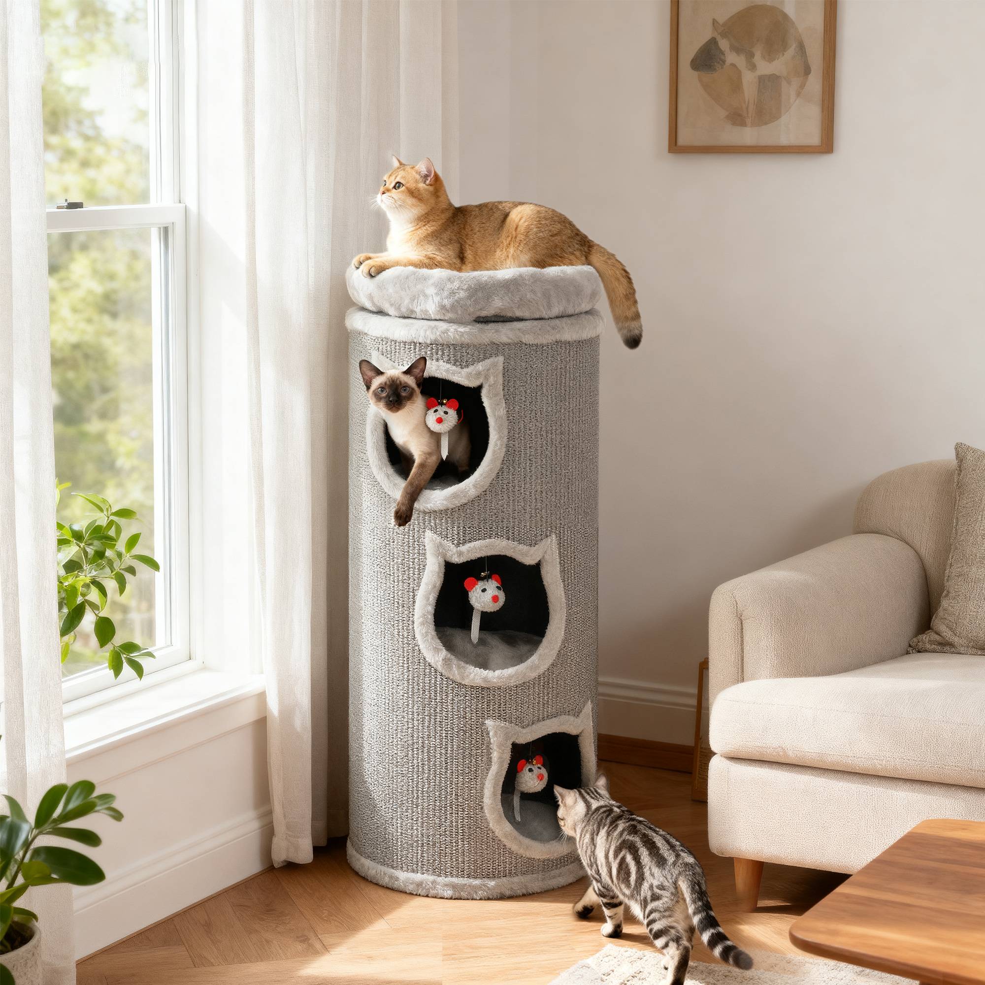 ComfortXL - Tonneau griffoir pour chat en sisal et panneaux de particules gris Ø 38 x 96 cm avec 3 refuges et lit amovible - Image 1