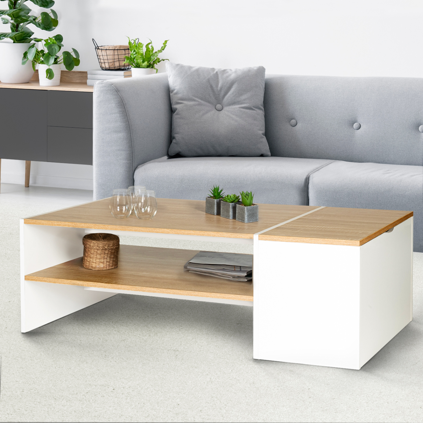 Table basse bar contemporaine rectangulaire IZIA avec coffre blanc et plateaux bois - Image 4