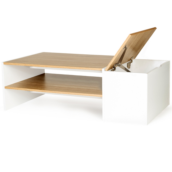 Table basse bar contemporaine rectangulaire IZIA avec coffre blanc et plateaux bois - Image 2