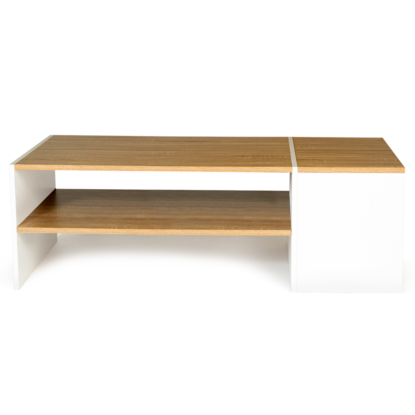 Table basse bar contemporaine rectangulaire IZIA avec coffre blanc et plateaux bois - Image 3