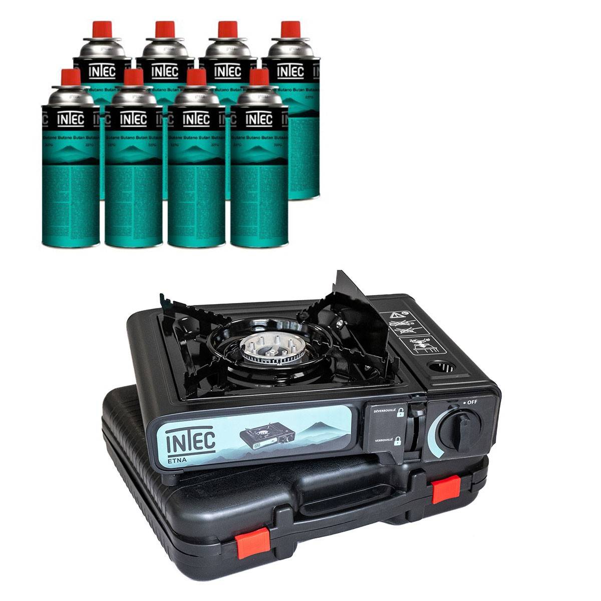Réchaud à gaz 2200W + 8 Cartouches gaz butane Camping Road trips Piezo Mallette Etna INTEC - Image 1