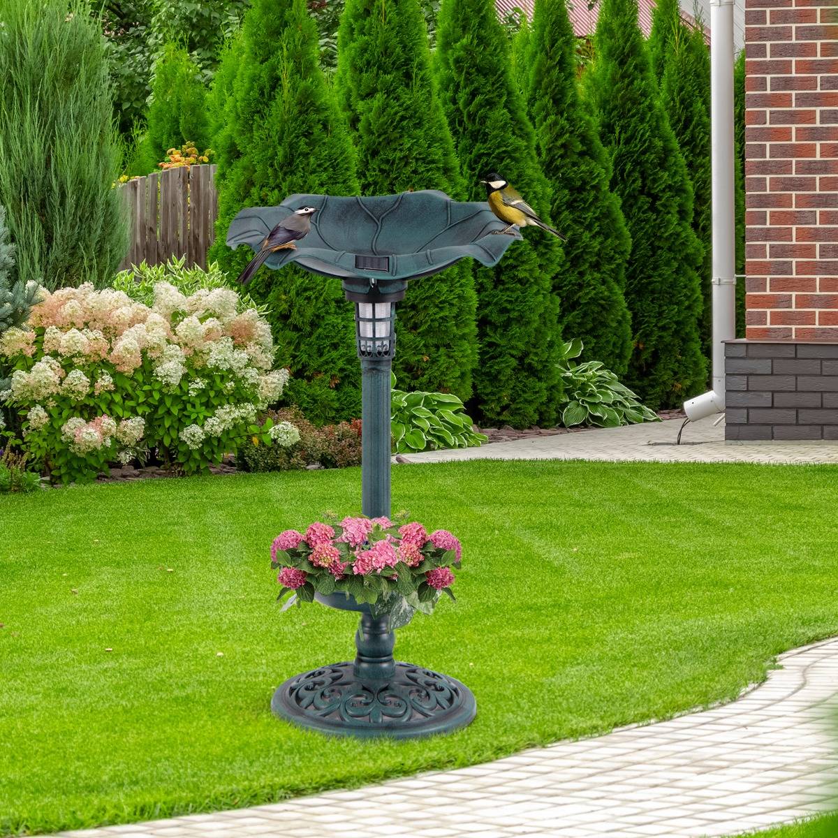 Bain d'Oiseaux Solaire Extérieur Combo sur Piédestal et Mangeoire avec Bol en Feuille de Lotus Jardinière Lampe Solaire Vert F67R - Image 2