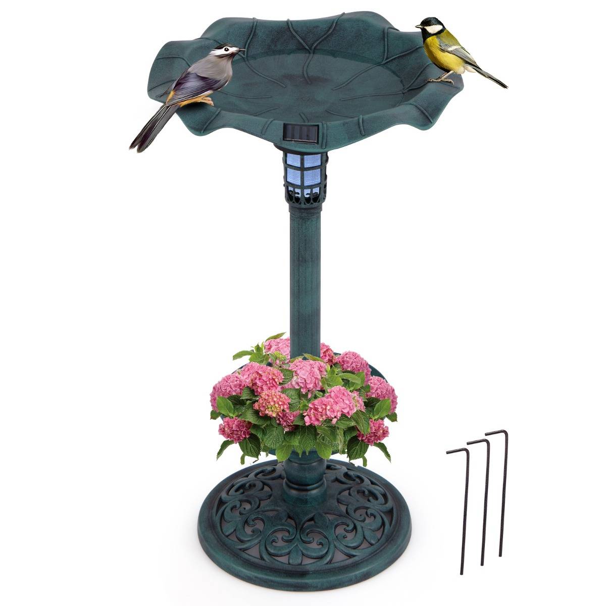 Bain d'Oiseaux Solaire Extérieur Combo sur Piédestal et Mangeoire avec Bol en Feuille de Lotus Jardinière Lampe Solaire Vert F67R - Image 1
