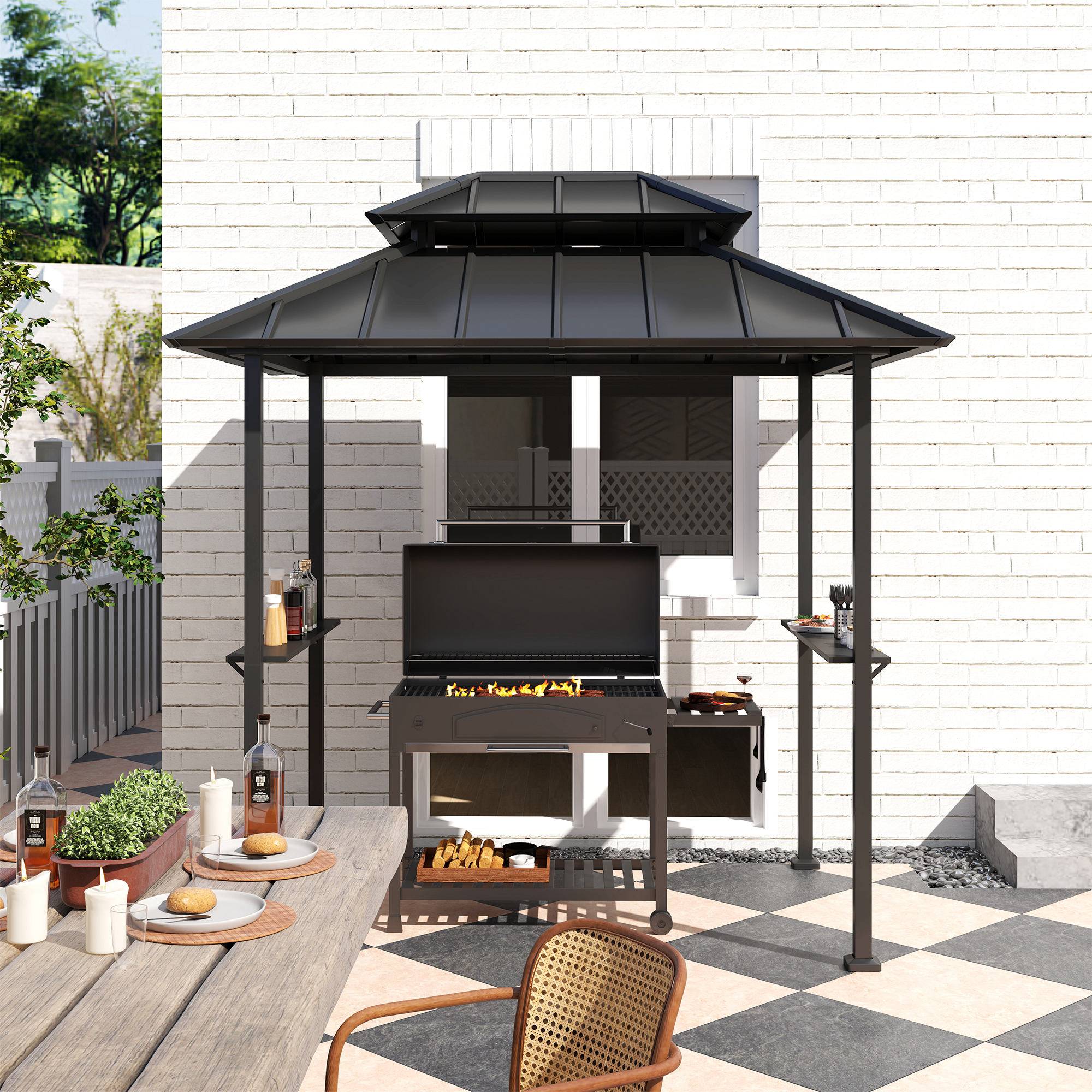 Tonnelle de barbecue abri barbecue à double-toit rigide avec 2 étagères et crochet supérieur, 244x184x258cm, noir - Image 10