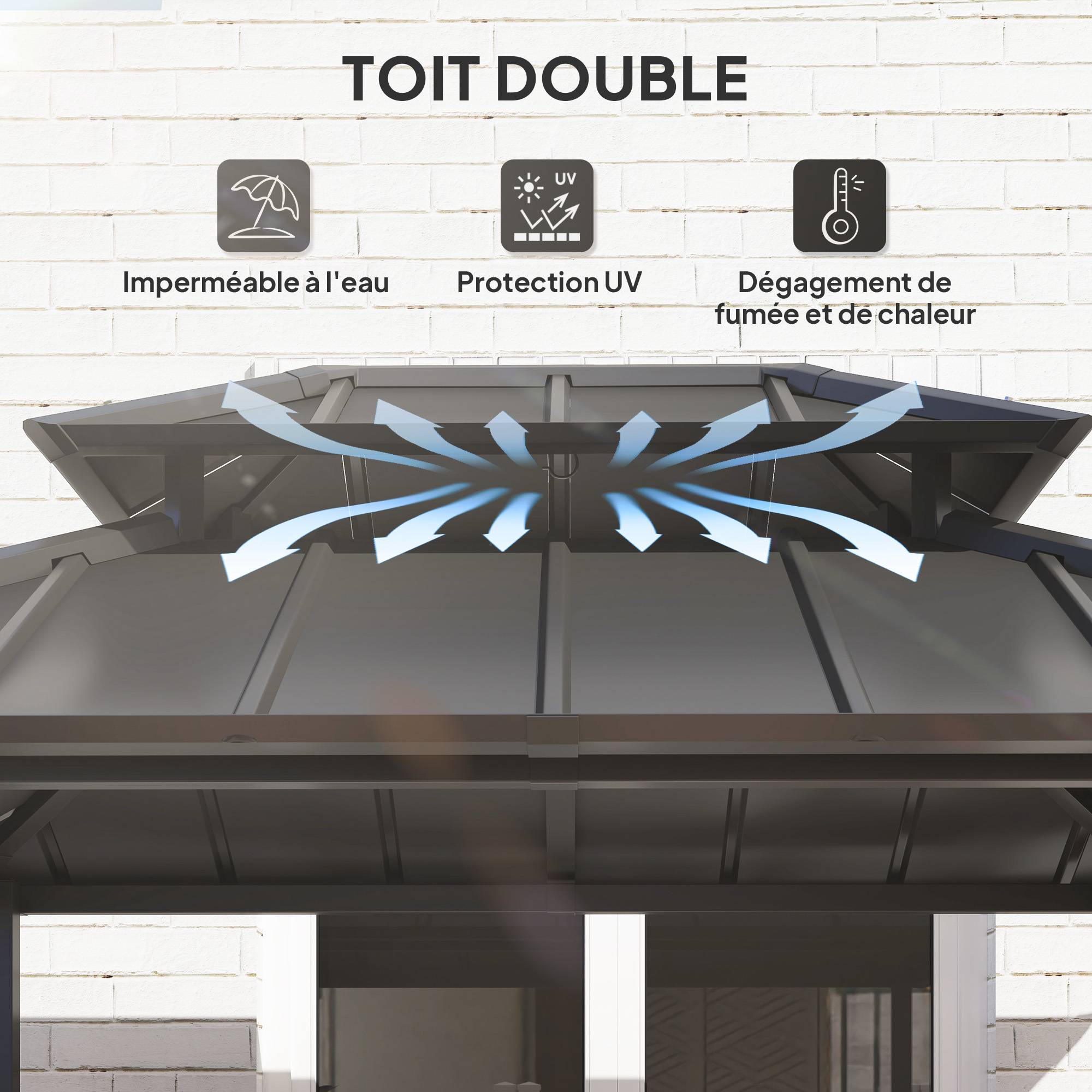 Tonnelle de barbecue abri barbecue à double-toit rigide avec 2 étagères et crochet supérieur, 244x184x258cm, noir - Image 6