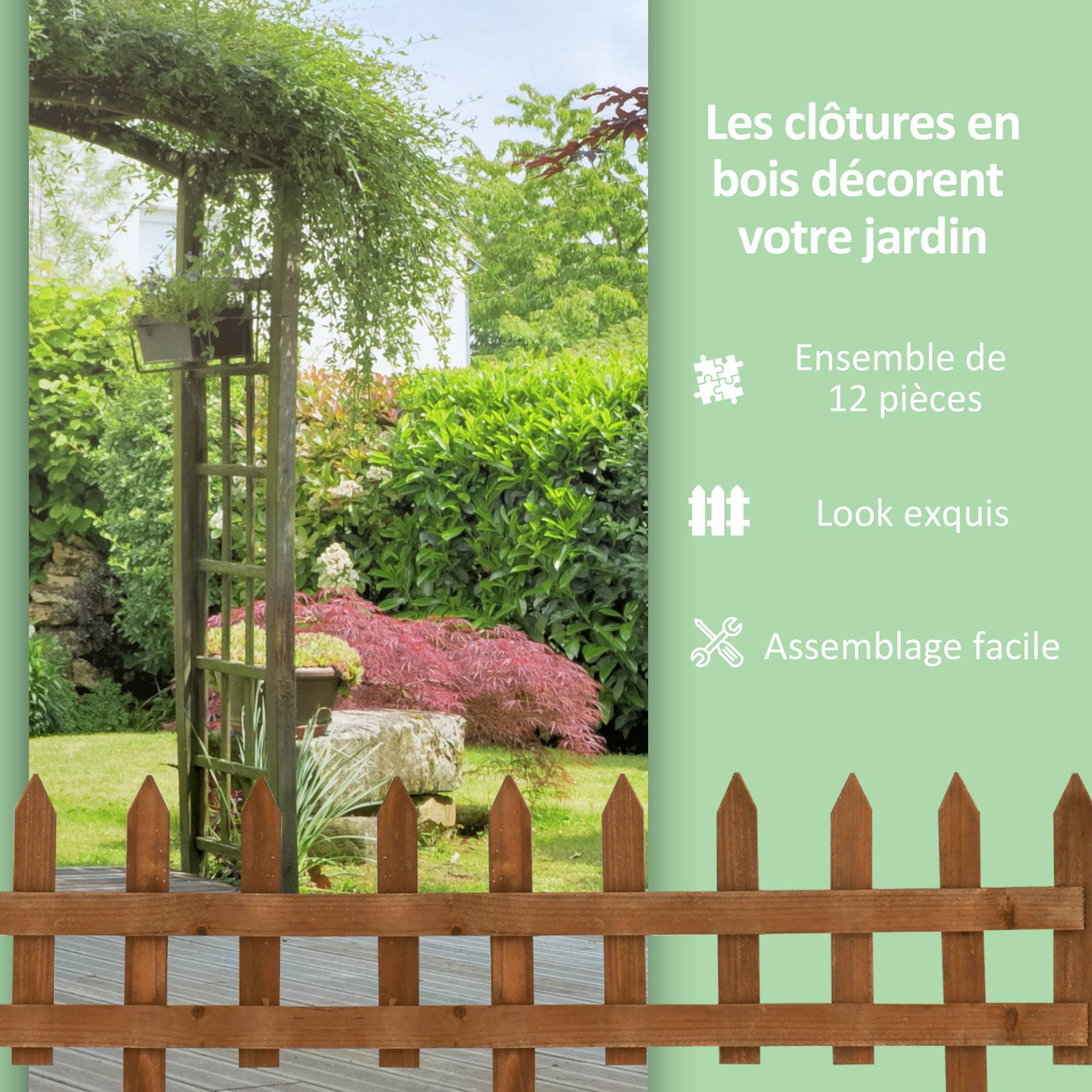 Outsunny - Bordures à planter 12 pcs - bordures de pelouse - barrières de jardin en bois de sapin pré-huilé - bordure dim. 60L x 34H cm - Outsunny - Image 6