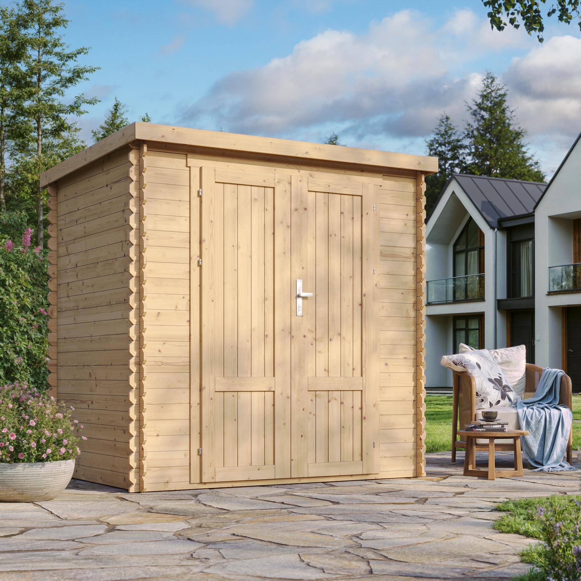 Timbela - Abri de Jardin en Bois AVEC SOL TRAITÉ - 142x204xH206 cm / 2.22 m² - 19 mm d’épaisseur - Timbela M311F1+M311G - Image 1