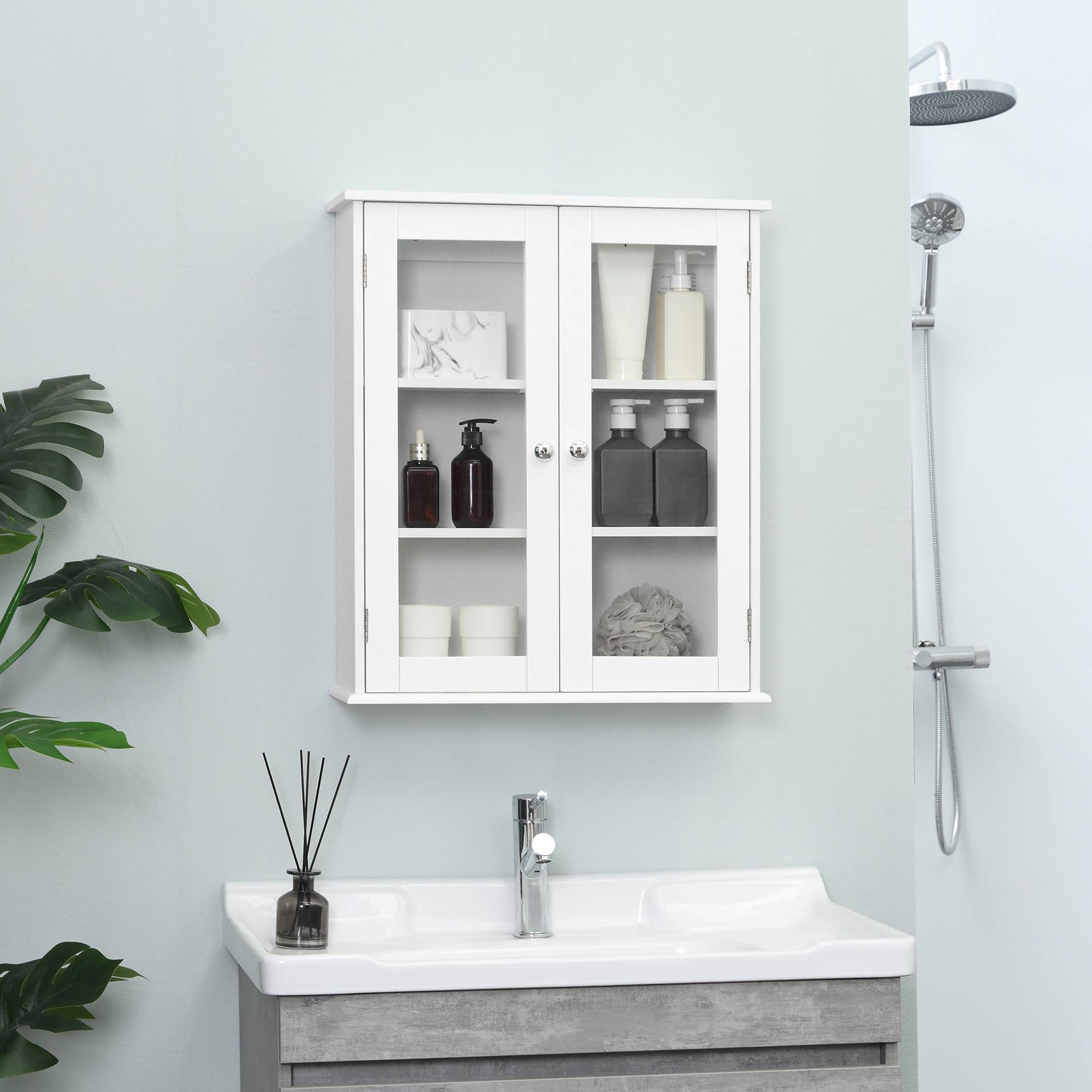 Sans Marque - Armoire murale salle bain 2 portes vitrées meuble suspendu multifonctionnel cuisine salon étagères intérieures étagère réglable 55x20x65 cm blanc - Image 4