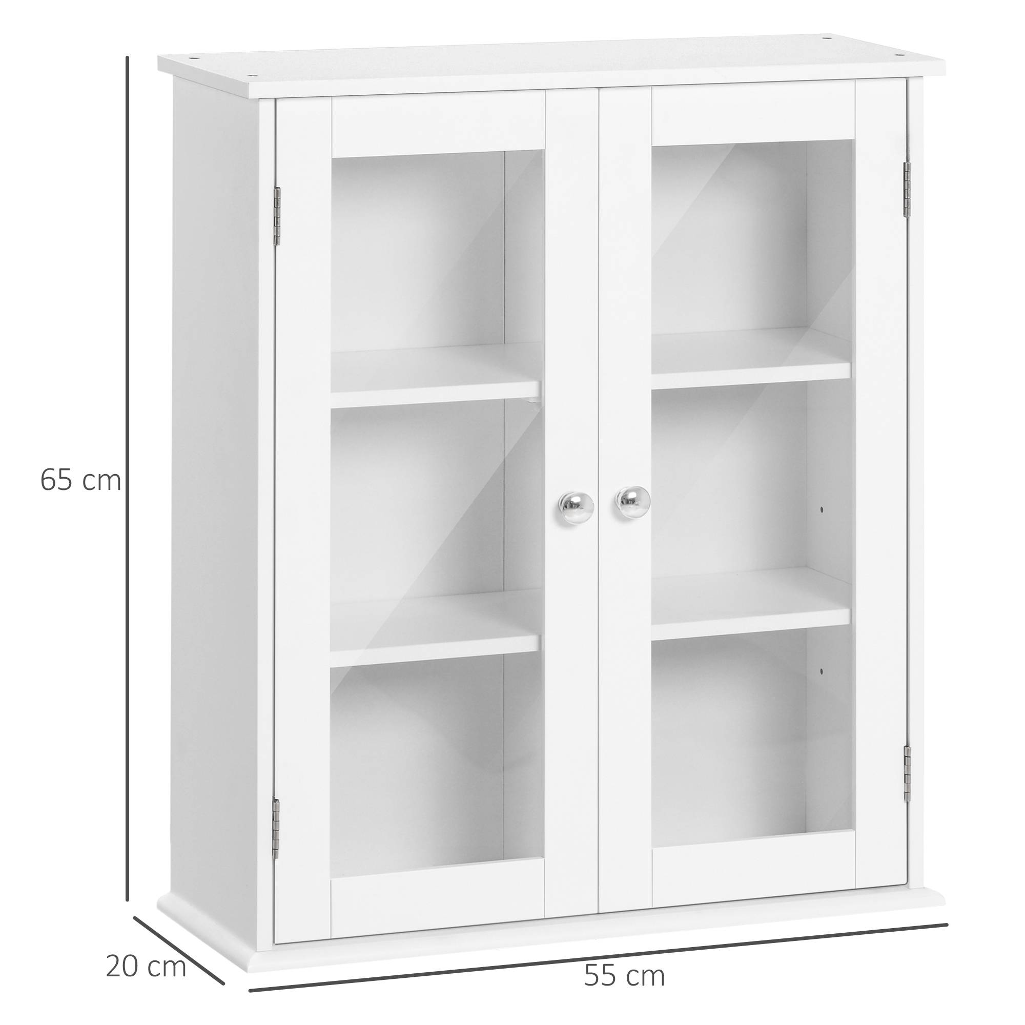 Sans Marque - Armoire murale salle bain 2 portes vitrées meuble suspendu multifonctionnel cuisine salon étagères intérieures étagère réglable 55x20x65 cm blanc - Image 5