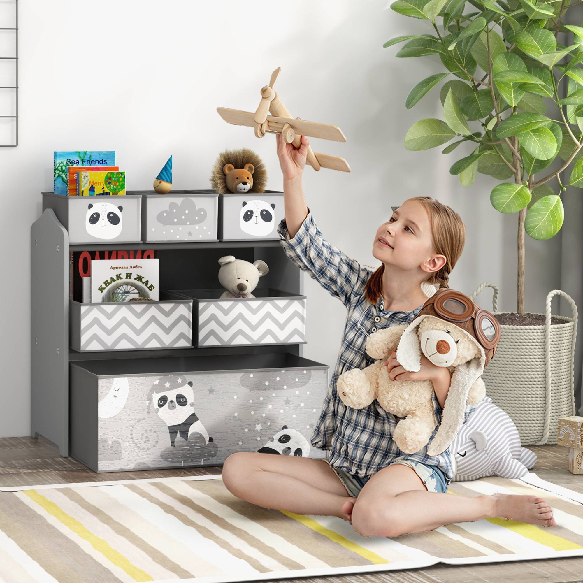 Rangement pour jouets d'enfants, étagère à jouets avec 6 bacs amovibles en tissu non tissé, 63 x 30 x 66 cm, gris - Image 3