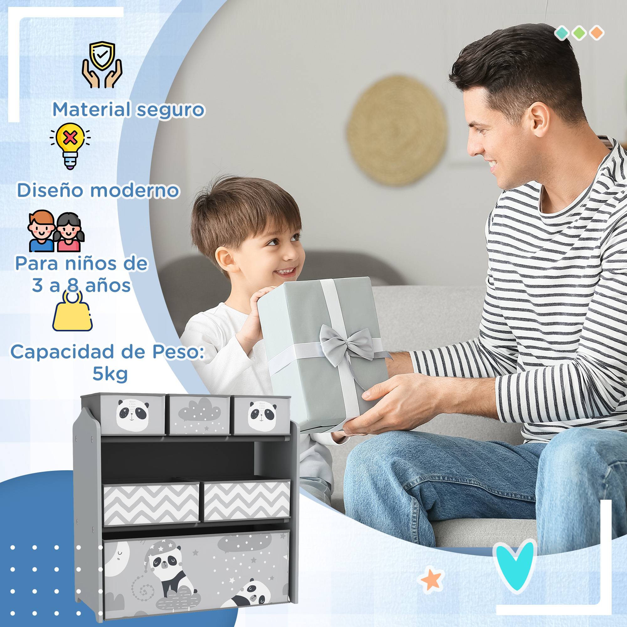 Rangement pour jouets d'enfants, étagère à jouets avec 6 bacs amovibles en tissu non tissé, 63 x 30 x 66 cm, gris - Image 9