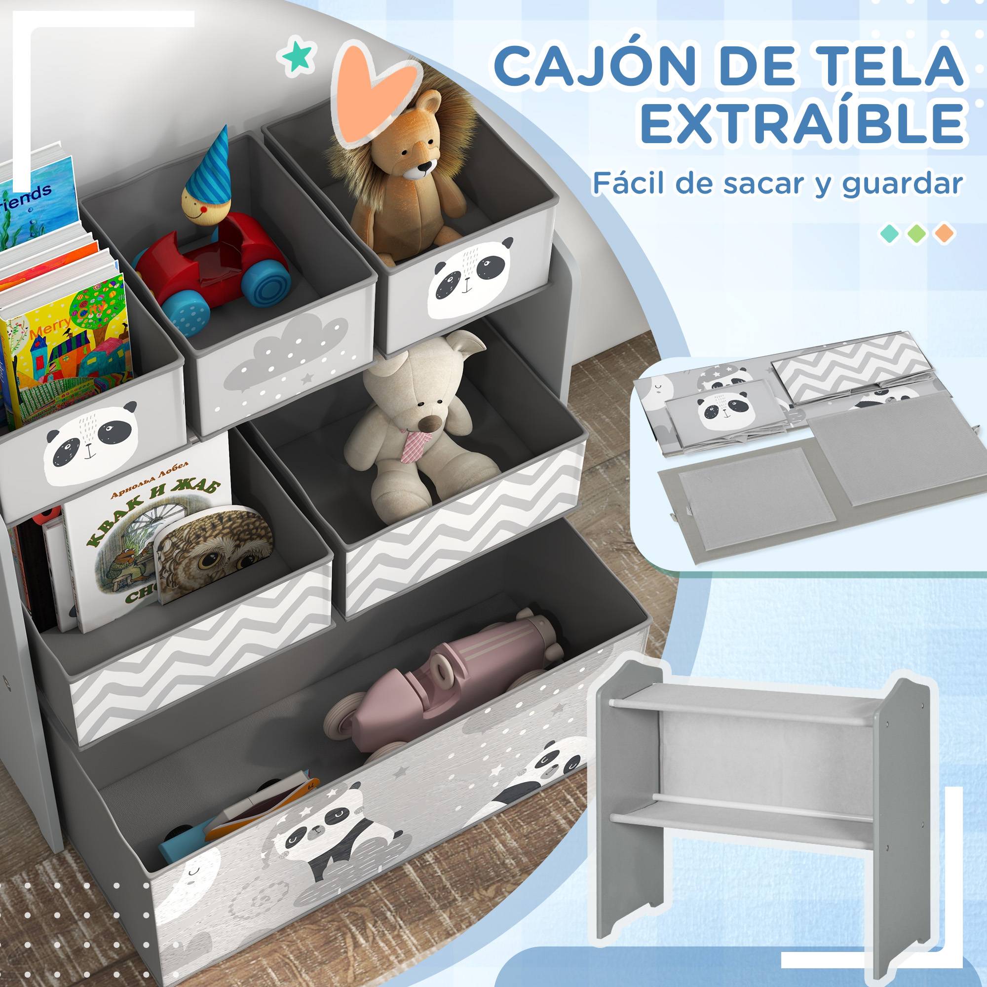 Rangement pour jouets d'enfants, étagère à jouets avec 6 bacs amovibles en tissu non tissé, 63 x 30 x 66 cm, gris - Image 7