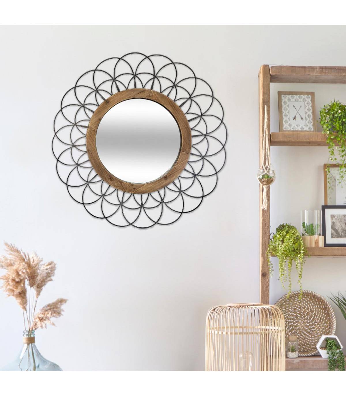 Miroir mural Fleur en Métal noir et Bois D 90 cm - Image 3