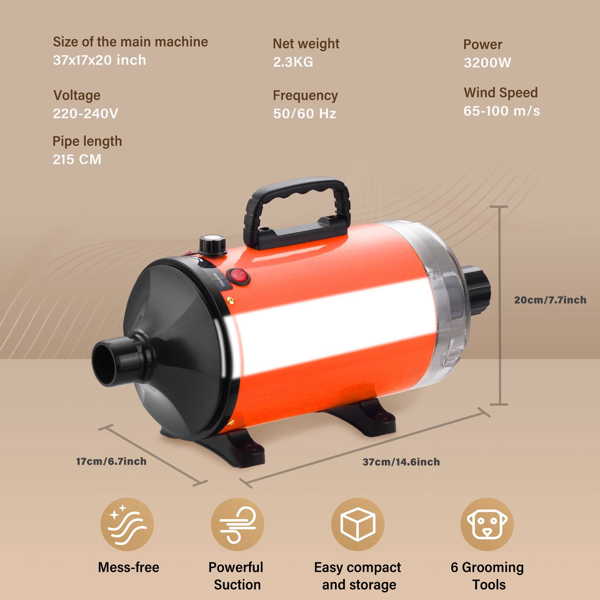 Sèche-Cheveux pour Chien Blower 3200 W, Pulseur Chien avec Aspirateur, Animaux Vitesse et Température Réglable - Image 2