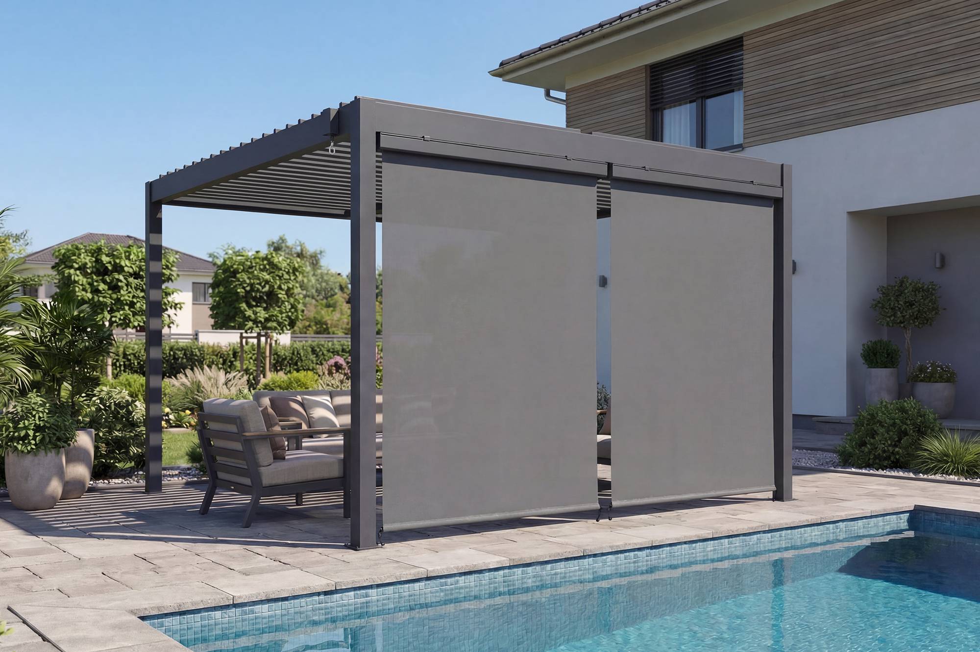 CAZEBOO - Cazeboo Pergola bioclimatique 3x3 m autoportée PIANA aluminium gris avec stores rétractables côté 3 m
