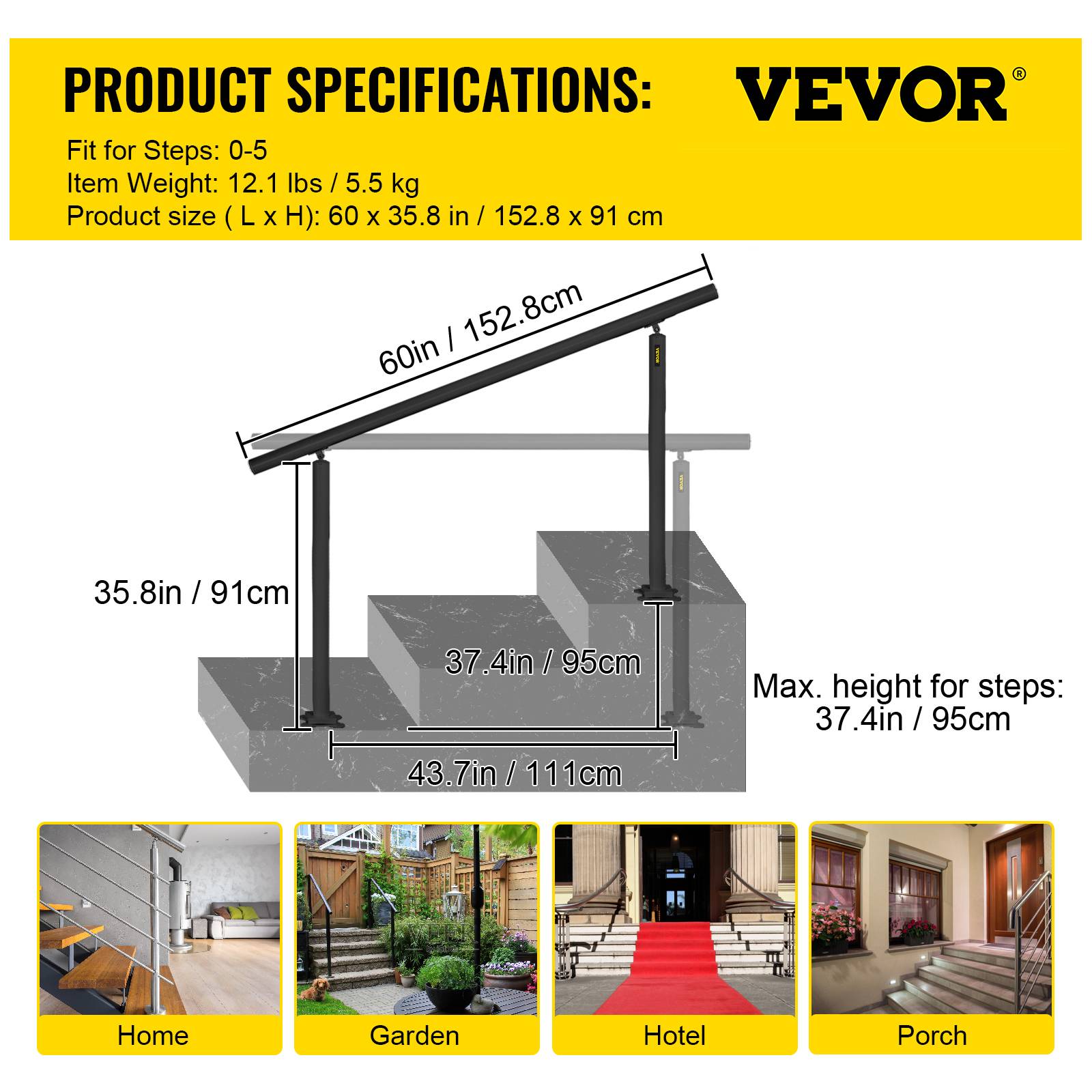 Vevor - VEVOR Rampe d'escalier sans traverses 152.8x91cm aluminium, charge max 70kg, noir, pour 0 à 5 marches, jardins. - Image 7