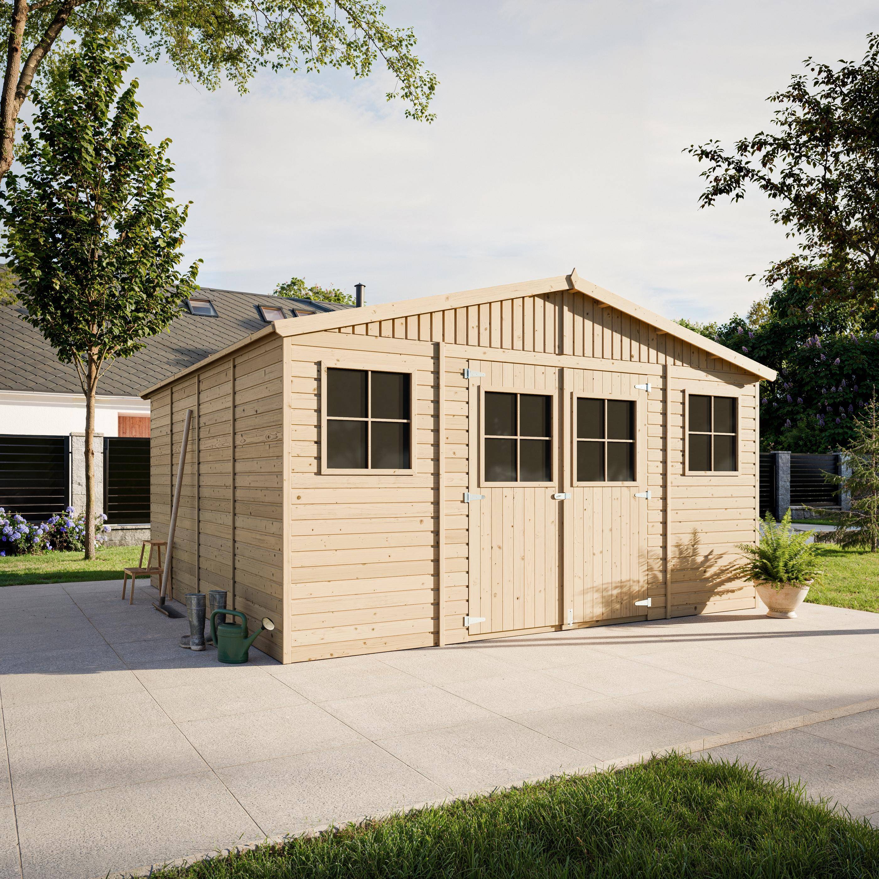 Timbela - Abri de jardin en bois exterieur H246 x 418 x 420 cm/ 16 m² avec plancher imprégné - Chalet - 17 mm d’épaisseur - Timbela M330+M330G - Image 1