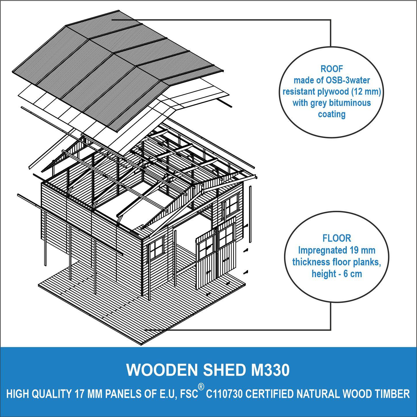 Timbela - Abri de jardin en bois exterieur H246 x 418 x 420 cm/ 16 m² avec plancher imprégné - Chalet - 17 mm d’épaisseur - Timbela M330+M330G - Image 7