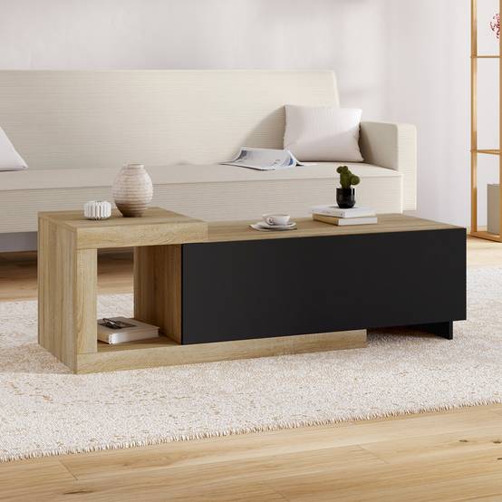 IDMARKET - Table basse extensible rectangulaire RAPHAEL 100-130 cm 1 porte bois et noir - Image 1