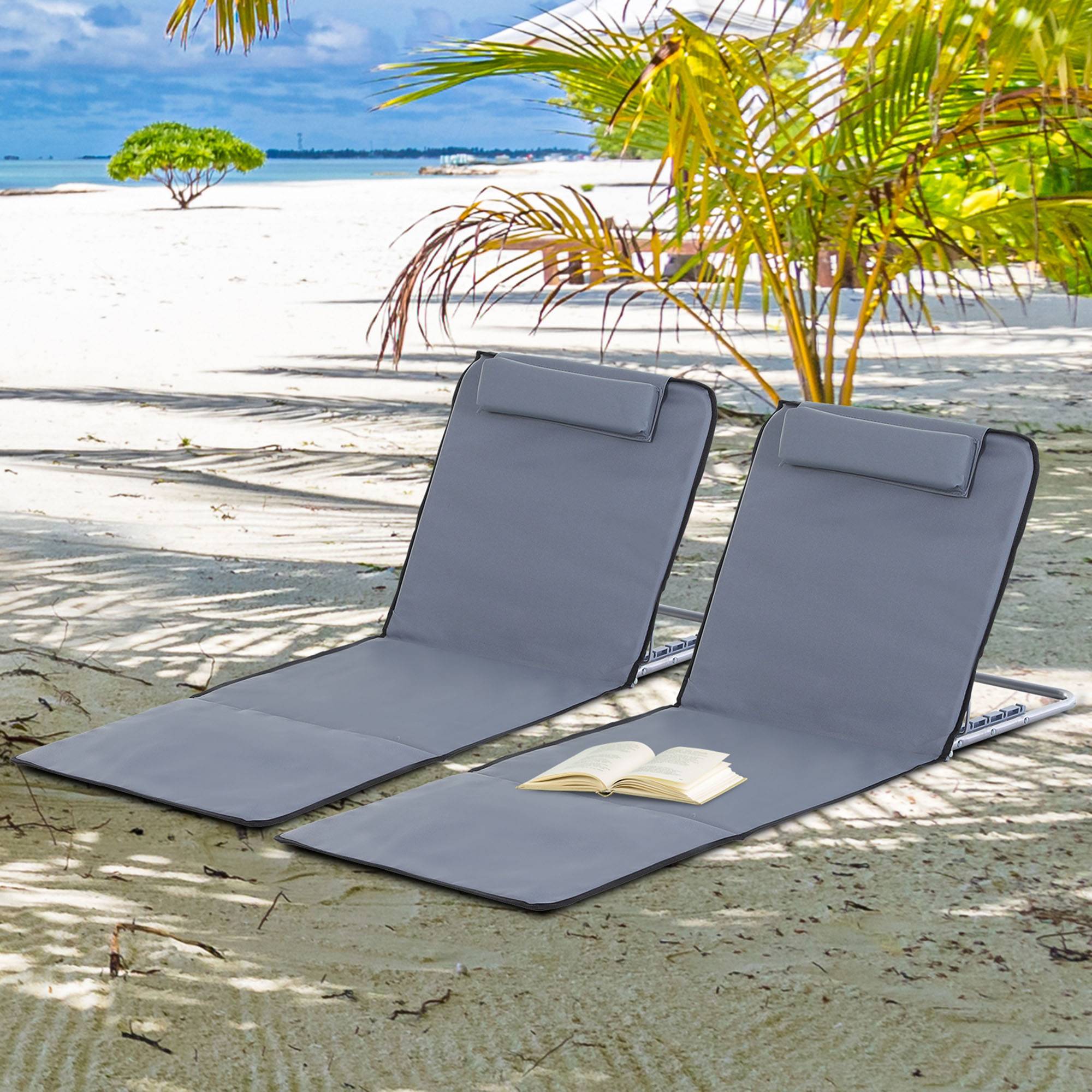 Transat pliable avec appui-tête, chaise longue de plage, dossier réglable 5 positions, sac transport, jardin plage piscine gris - Image 3