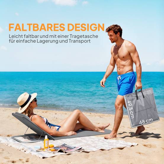 Transat pliable avec appui-tête, chaise longue de plage, dossier réglable 5 positions, sac transport, jardin plage piscine gris - Image 9