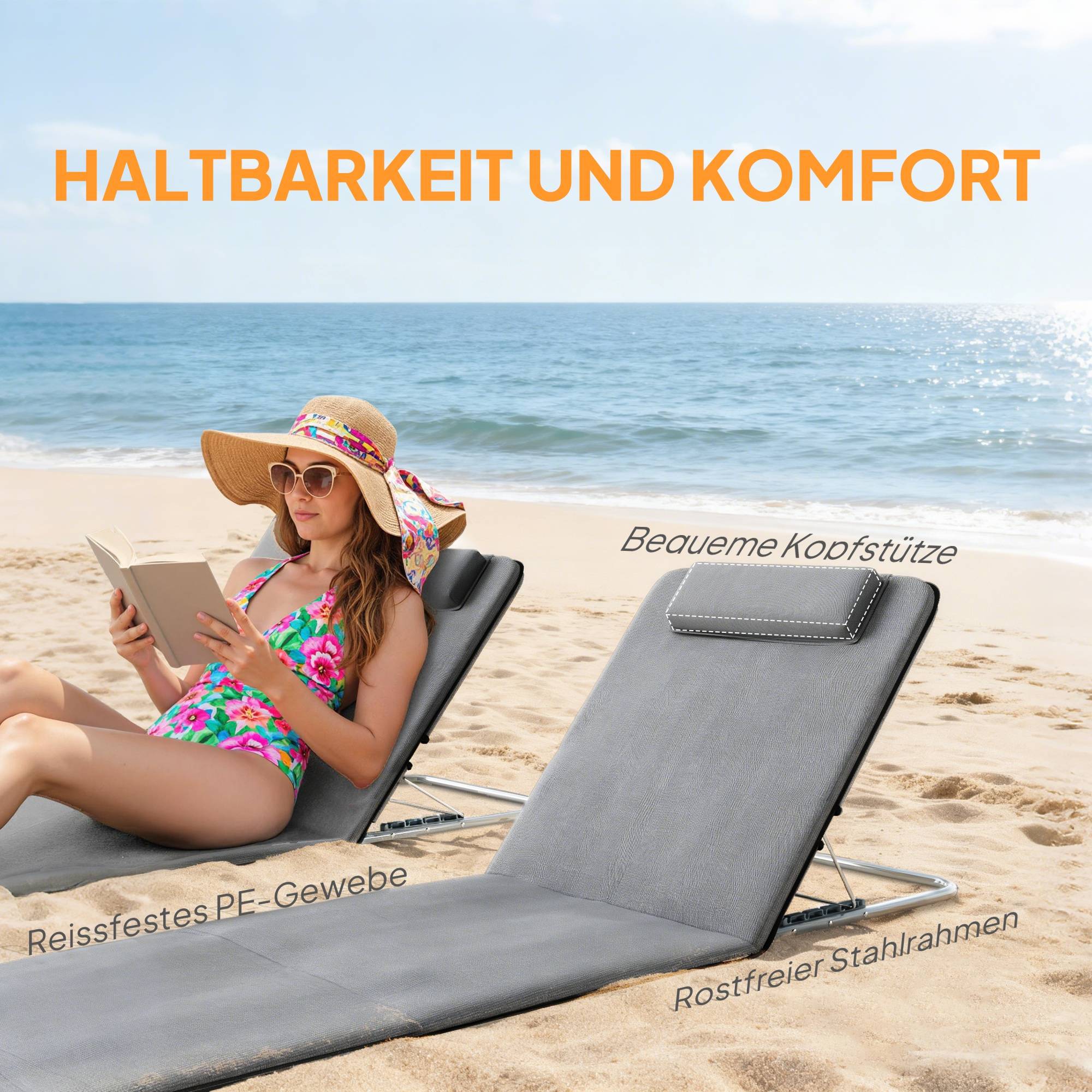Transat pliable avec appui-tête, chaise longue de plage, dossier réglable 5 positions, sac transport, jardin plage piscine gris - Image 8
