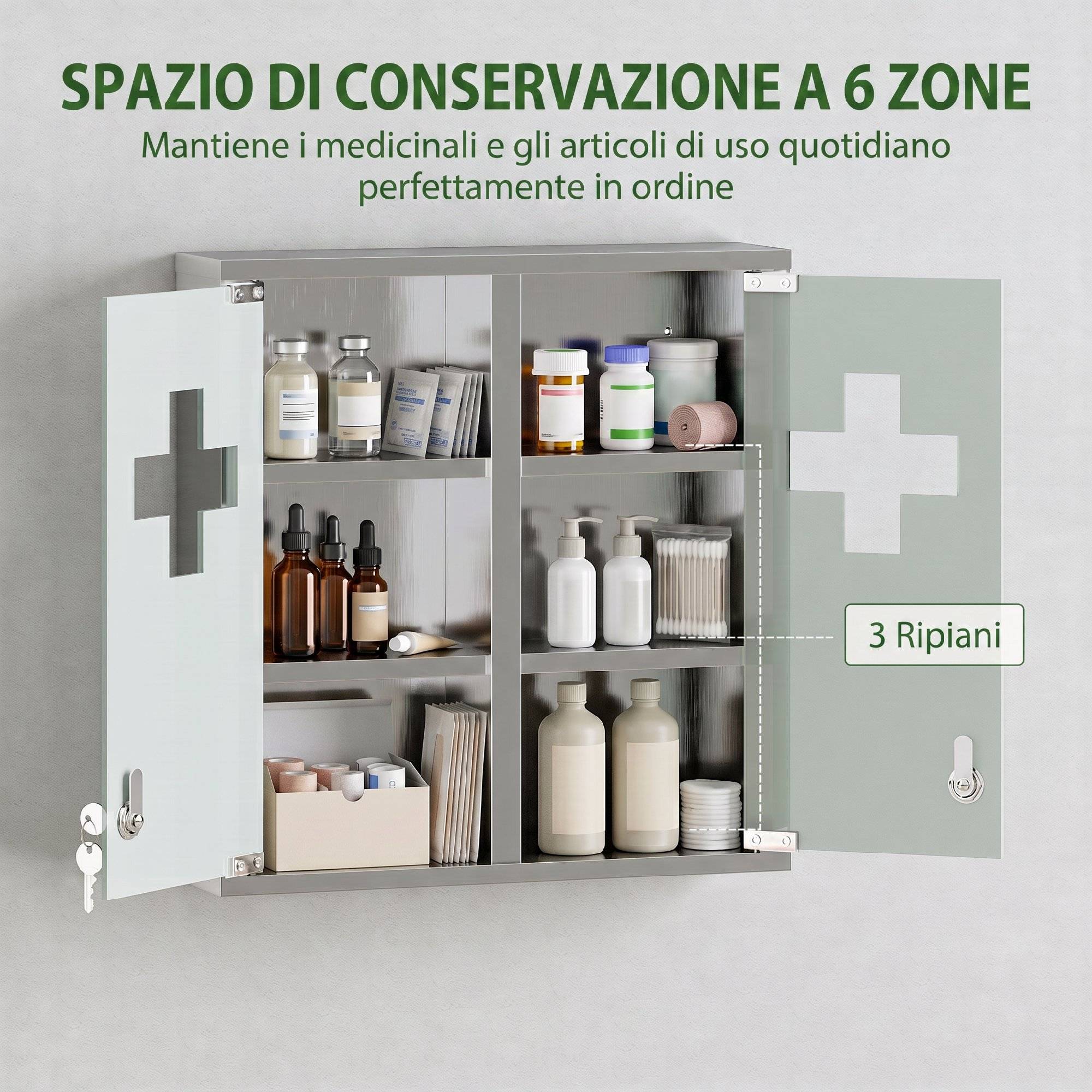 Sans Marque - Armoire à pharmacie verrouillable avec portes vitrées, argentée - Image 6
